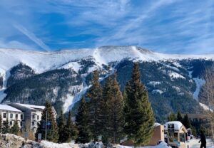 ski resort buildings and a large mountain in the background at Copper Mountain, CO